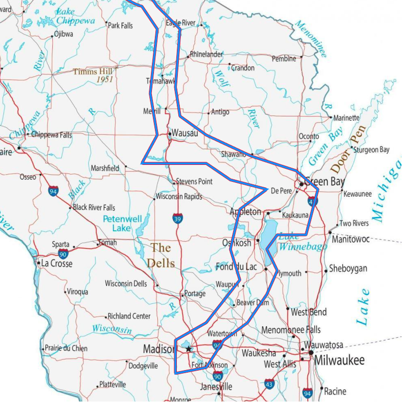 Map of Wisconsin with a blue line indicating delivery range. 